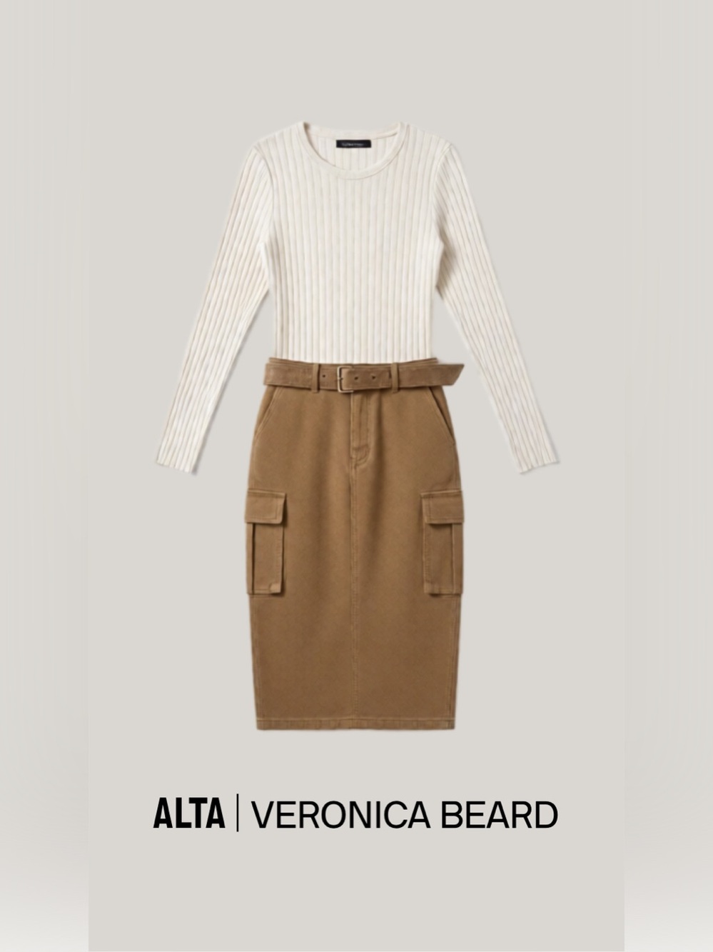 Veronica Beard Cream Ribbed Long Sleeve Top with Tan Cargo Skirt